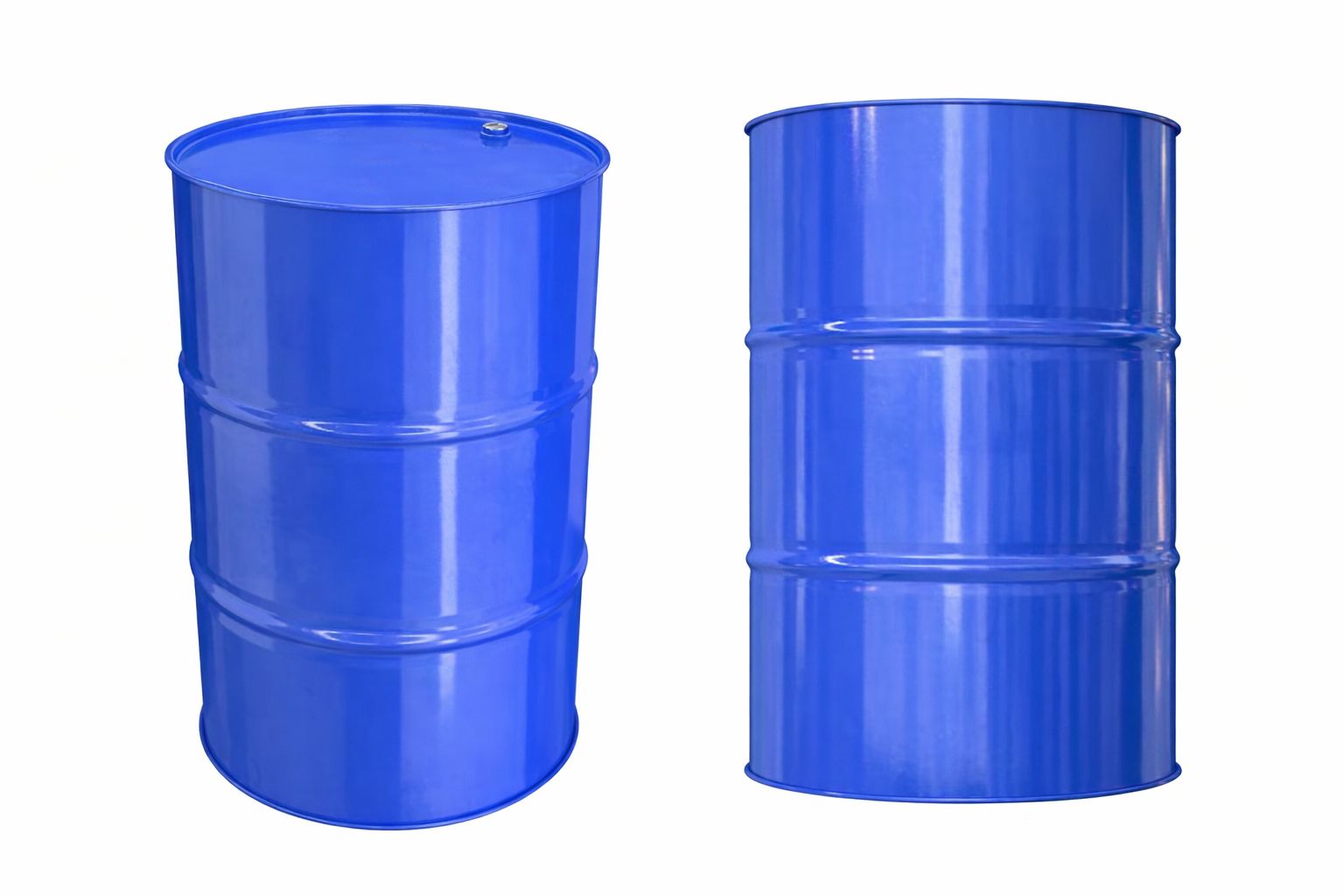 Två blå oljefat på en vit bakgrund, representerar oljeförvaring.